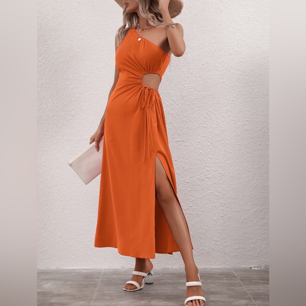 SHEIN Privé One Shoulder Cut Out Drawstring Side Split Thigh Dress